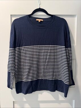 KIER + J Navy and White Striped Crewneck Sweater